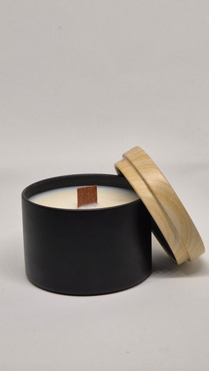 4oz Love letter candle black tin with wooden look lid