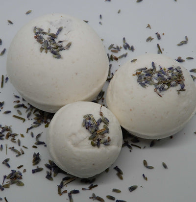 lavender bath bomb in three sizes, small medium and large 